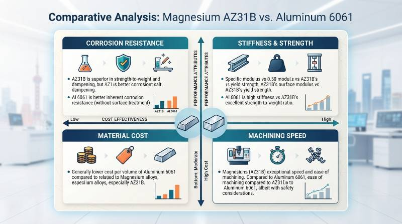 Technical four-quadrant chart comparing Magnesium AZ31B vs Aluminum 6061 across stiffness, speed, corrosion, and cost metrics