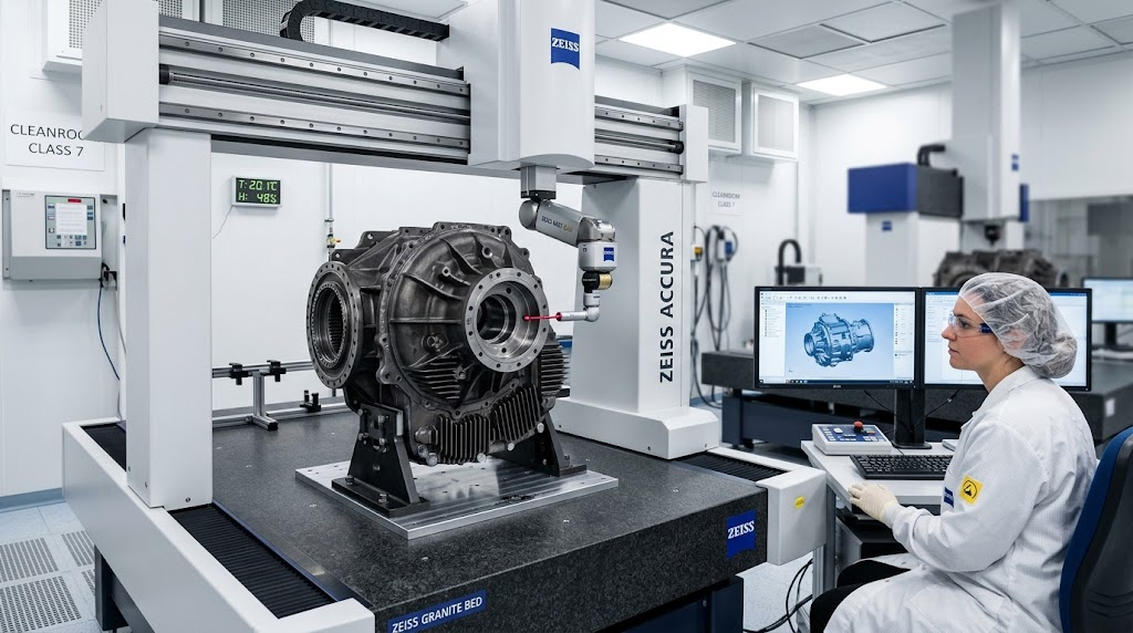 Coordinate Measuring Machine Zeiss CMM ruby probe inspecting complex magnesium helicopter transmission housing in a metrology cleanroom