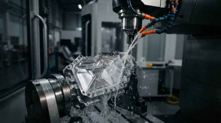 Macro close-up of 5-axis CNC machining of aerospace Elektron WE43 magnesium housing with synthetic mineral oil flood cooling and mirror-finished toolpaths