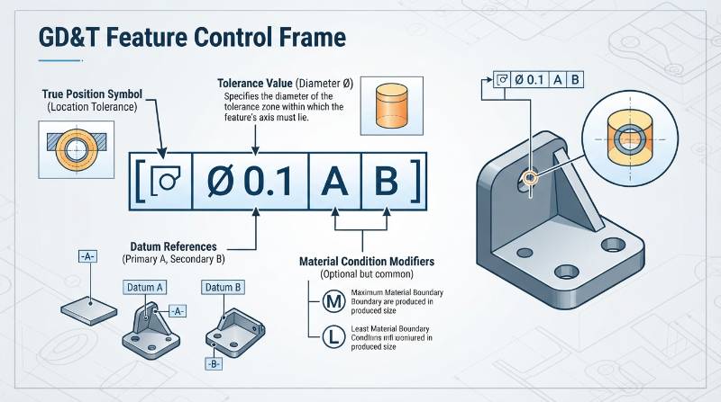 Technical breakdown infographic of a GD&T Feature Control Frame showing datum references, true position diameter symbol, and tolerance zones
