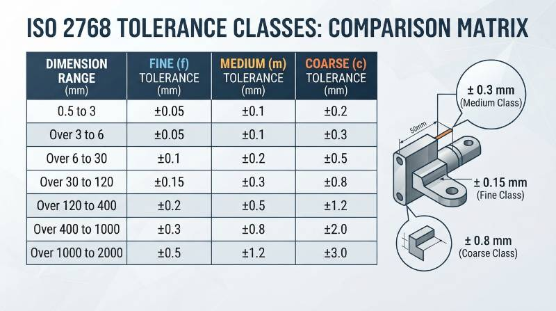 ISO 2768 Fine vs Medium vs Coarse comparison matrix technical table graphic with dimensional deviation callouts