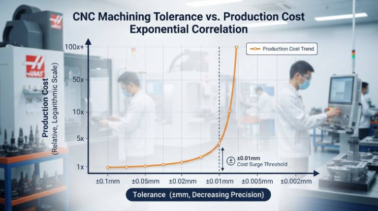 Engineering diagram plotting CNC Machining Tolerance versus Production Cost exponential curve showing cost surge below ±0.01mm