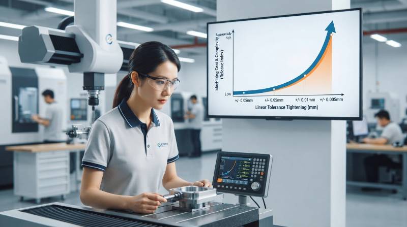 Engineering Tolerance Cost Curve illustrating exponential machining cost increases as linear tolerances tighten from plus minus 0.05mm to 0.005mm Feature geometry must also align directly with production tooling dynamics