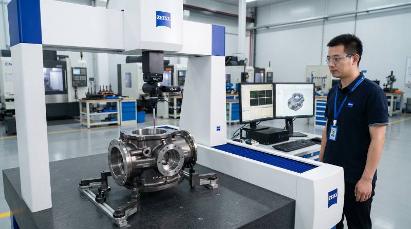 Zeiss Coordinate Measuring Machine CMM optical and contact probe inspecting high-precision machined aerospace housing Our quality verification standard incorporates