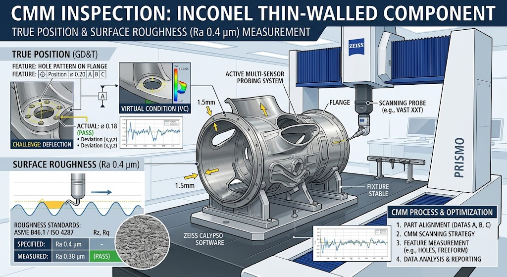Zeiss CMM True-Position and Surface Roughness Inspection Diagram Ra 0.4 um for Inconel thin-wall component