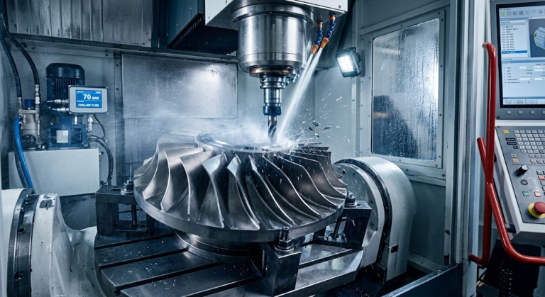 5-Axis CNC Blisk Milling Video with 70-bar Through-Spindle Coolant Delivery cutting Inconel superalloy