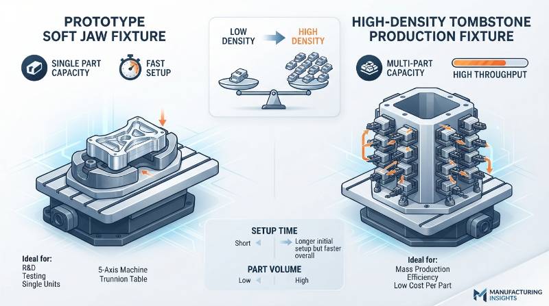 Comparison graphic between single prototype soft jaw fixture and high-density tombstone production fixture on a 5-axis machine