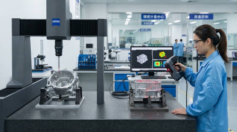 Zeiss CMM vs Non-Contact Optical Metrology Setup Photography showing laser scanner inspecting an intricate thin-walled housing