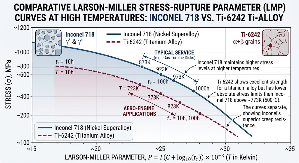 Larson-Miller Stress-Rupture Parameter Graph for Inconel 718 versus Titanium Ti-6242 Alloys under elevated temperatures