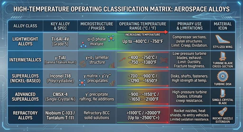 High-Temperature Operating Temperature Tiering Matrix Infographic detailing aerospace alloys from Ti-6Al-4V to Inconel and Niobium