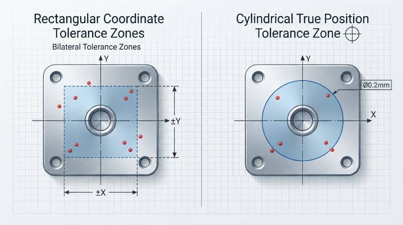 Technical diagram comparing rectangular coordinate tolerance zones with cylindrical true position tolerance zones in CNC machining context