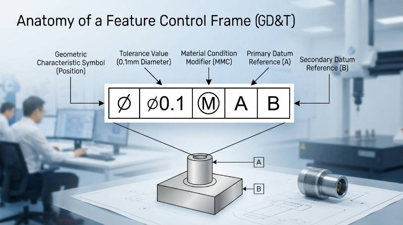 Feature Control Frame anatomy diagram showing geometric symbol tolerance value material modifier and datum reference letters